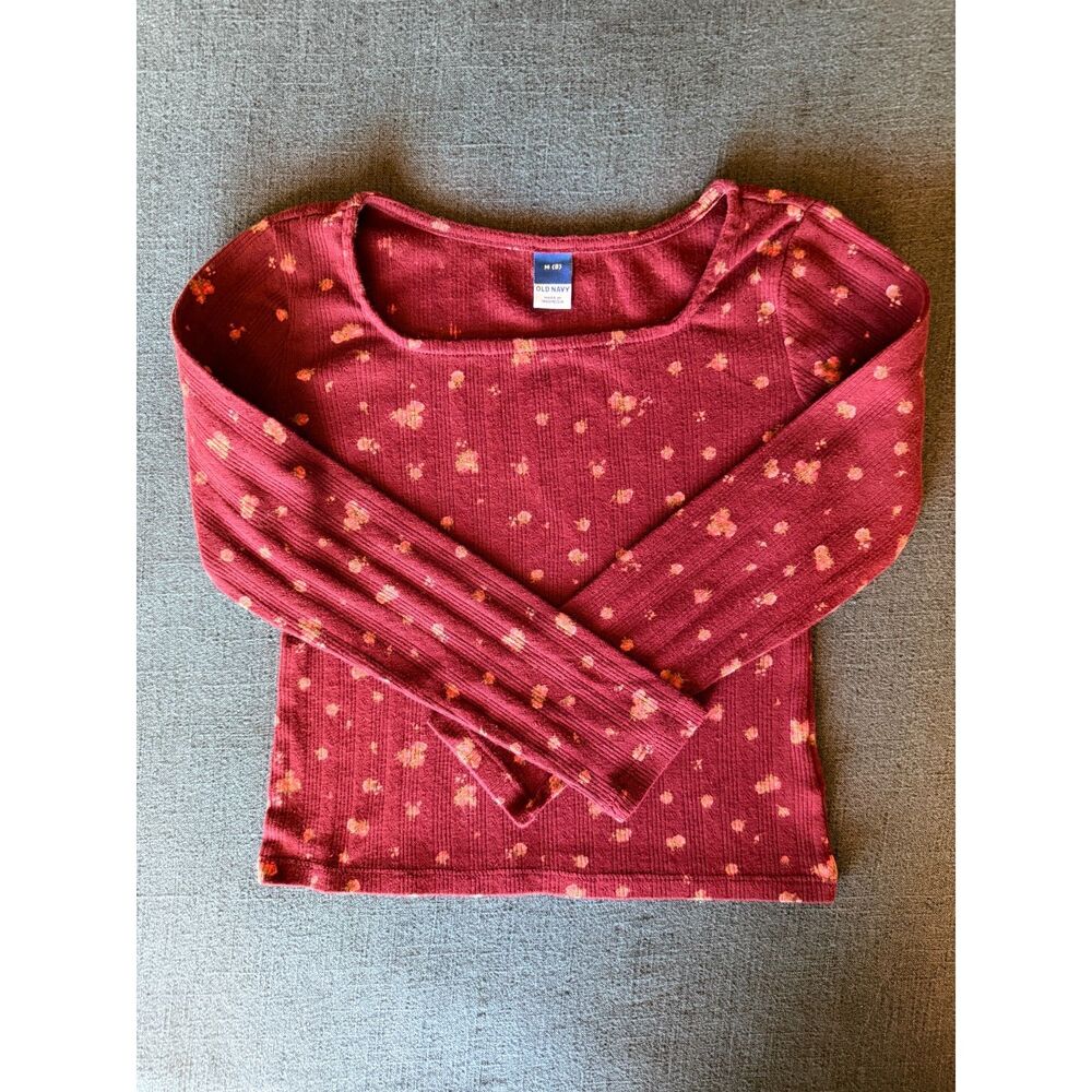 Old Navy Girls Floral Long Sleeve Waffle Knit Thermal Top Maroon Red Size M 8